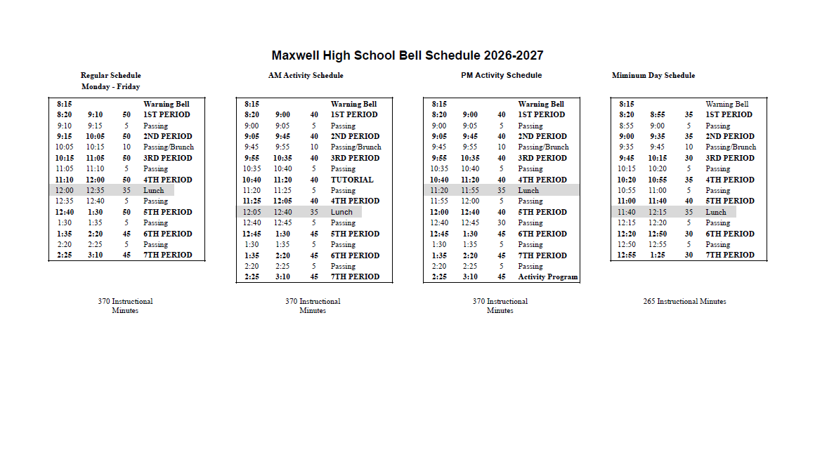 Maxwell High School 2026–2027 bell schedule showing regular, AM activity, PM activity, and minimum day schedules
